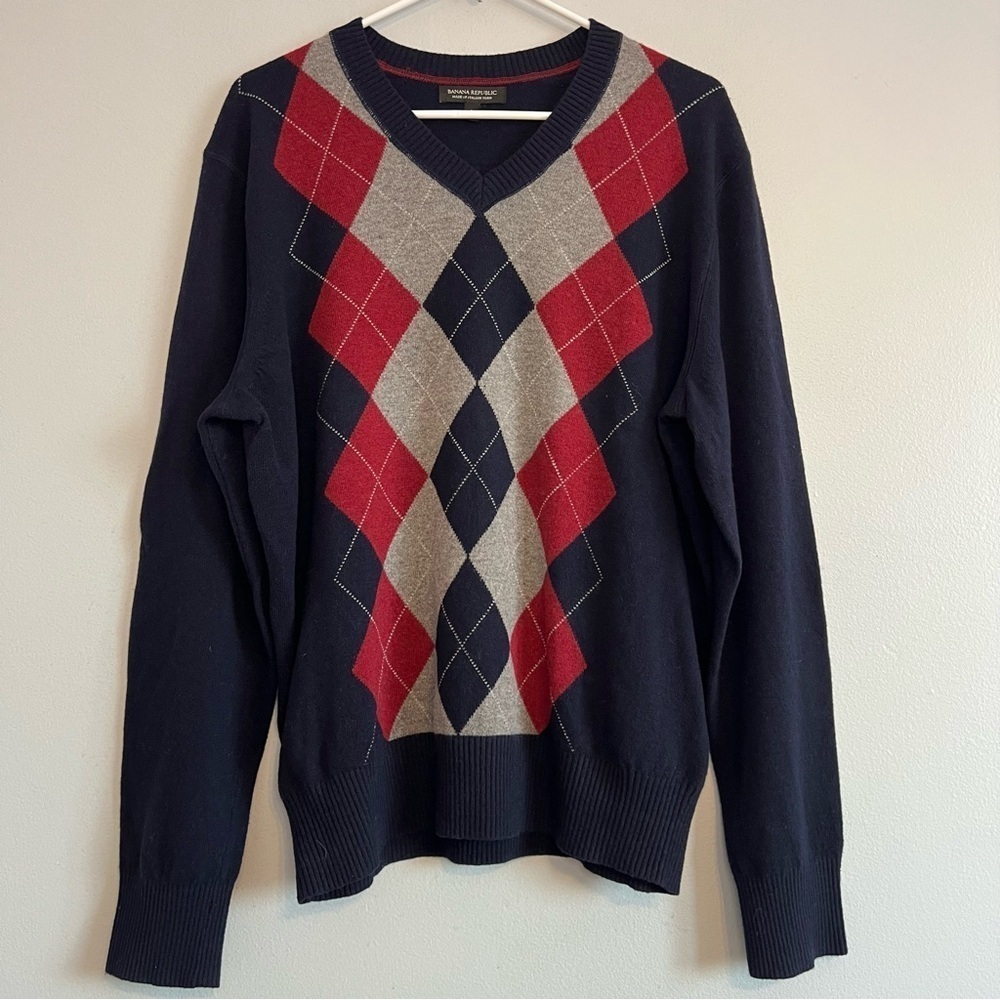 Banana Republic Mens Wool Blend V Neck Sweater Blue Gray Red Argyle Sz L Office